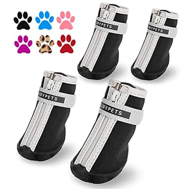 QUMY Lot de 4 paires de bottes d’hiver imperméables pour chiots avec bandes réfléchissantes et semelle en caoutchouc souple et confortable, noir