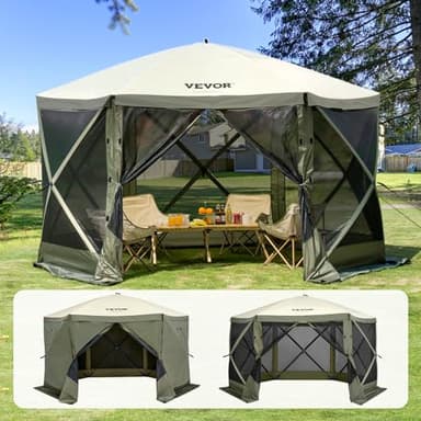 VEVOR Tente de pavillon pop-up instantanée avec moustiquaire, auvent extérieur, abri solaire à 6 côtés, 3,7 x 3,7 m avec 6 chiffons coupe-vent amovibles et 2 fenêtres en maille, tente de pavillon pour