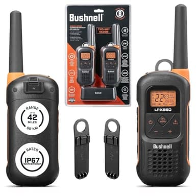 Bushnell LPX650 – Lot de 2 radios talkie-walkie – Qualité fiable, design flottant robuste, puissance de 2 W pour une portée de 66 km, radios bidirectionnelles équipées pour partout où la vie vous