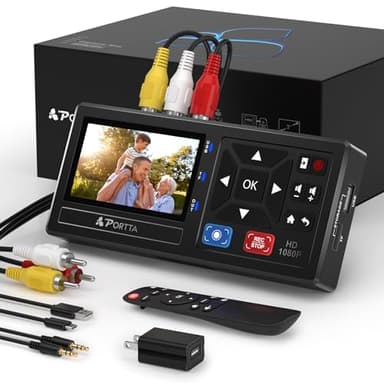 Portta Convertisseur VHS vers numérique, enregistreur vidéo vers numérique avec télécommande, convertisseur RCA vers HDMI compatible avec VHS, VCR, DVR, DVD, Hi8, Mini DV, caméscope, cassette