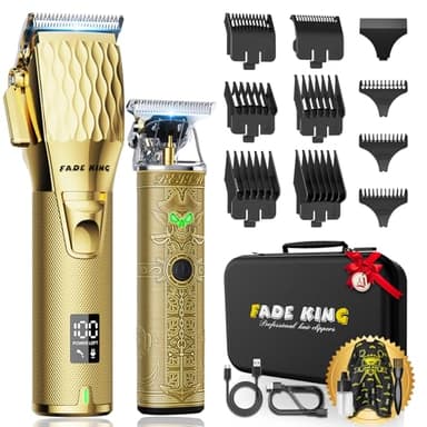 FADE KING® Tondeuse à cheveux professionnelle pour homme, sans fil, tondeuse de salon de coiffure avec écran LCD pour coupe de cheveux et toilettage avec étui de voyage (doré et bronzé)
