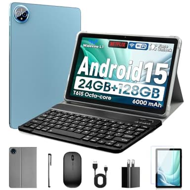 Tablette Android 15 de 10" avec 24 Go de RAM + 128 Go de ROM (1 To extensible), Octa-Core, écran tactile IPS HD 1280 x 800, double caméra 5 MP+8 MP, 6000 mAh, tablette avec clavier, souris, Widevine