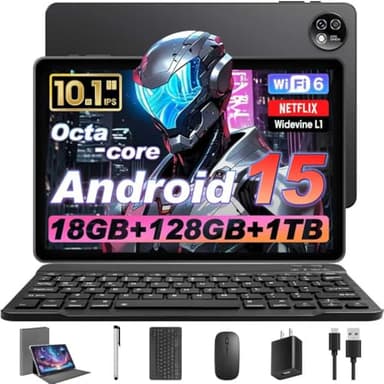 Tablette Android 15 10" avec clavier souris, processeur Octa-core, RAM 18 Go, ROM 128 Go (jusqu'à 1 To), résolution 800 x 1280, WiFi 6 et Bluetooth 5.4, deux haut-parleurs, 5 MP + 8 MP, 6000 mAh, GPS