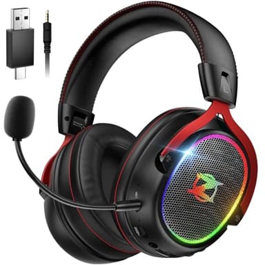 Ozeino 2.4GHz Wireless Gaming Headset for Ps5, Ps4, PC, Bluetooth 5.3 Gaming Headphones with Detachable Noise Canceling Mic, RGB Headset for Switch, Laptop, Phone, 40+Hr Playtime-Red