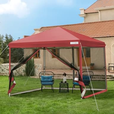VIVOHOME Auvent pop-up facile de 2,4 x 2,4 m, tente d'extérieur avec moustiquaire, 2 portes à fermeture éclair et sac à roulettes pour cour, camping, pique-nique, fête, événements, rouge