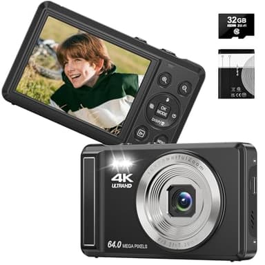 Appareil photo numérique 4K pour photographie, caméra de vlogging 64 MP pour YouTube avec écran de 2,8", zoom 16x UHD Autofocus vidéo Camara avec carte SD de 32 Go, petit appareil photo compact pour