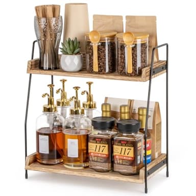 ANBOXIT Organiseur de station de café pour comptoir, accessoires de bar à café et organisateur, étagère de comptoir de cuisine en bois, 2 niveaux de rangement pour café, condiments, panier à café pour