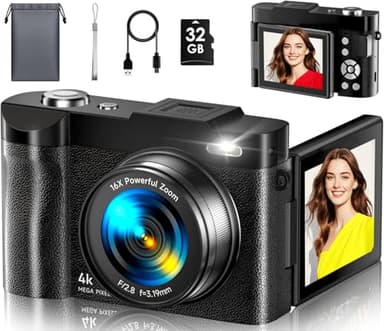 Appareil photo numérique MaxMango UHD Autofocus Vlogging avec zoom numérique 16x, écran rabattable à 180° de 2,8", appareil photo de voyage compact avec carte SD de 32 Go pour adolescents, débutants