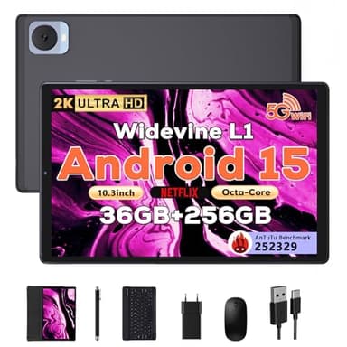 DEZLTID Tablette 2025 10" Android 15 avec clavier, stylet et souris : tablette IPS 2K (2000 x 1200), 36 Go + 256 Go (1 To TF), 5G/2,4 G double WiFi, 8 cœurs 1,6 GHz, 8000 mAh, 8 + 13 MP, Widevine L1