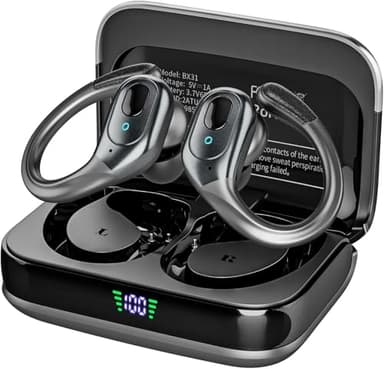 Sajawass Écouteurs sans fil Bluetooth 5.3, 75 heures de lecture, IP7, étanche, crochets d'oreille sécurisés avec écran LED, microphone ENC pour course à pied/salle de sport, compatible iOS/Android