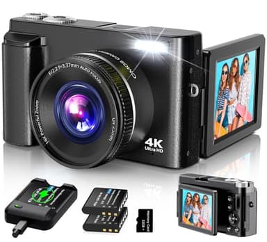 Appareil photo numérique 4K pour photographie autofocus, caméra de vlogging 48 MP pour YouTube avec carte SD, 2 batteries, écran rabattable à 180° de 3 pouces, appareil photo de voyage compact pour