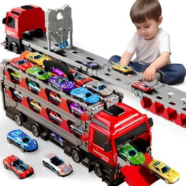 PEADUCK Toy Truck for 3 4 5 6 Years Old Kids Boys, 78-Inch Race Track Transport Vehicle and 12 Die-Cast Metal Toy Cars, Carrier Truck Toddler Truck Car Toys Set Gifts for Age 3-12 Years Old Kids Boys