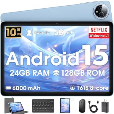 Tablette Android 15 10", 24 Go de RAM 128 ROM, tablettes avec étui clavier, souris et stylet, extensible de 1 To, Octa-Core 6000 mAh, 1280 x 800 IPS HD, Wi-Fi 5G, processeur T615, haute performance