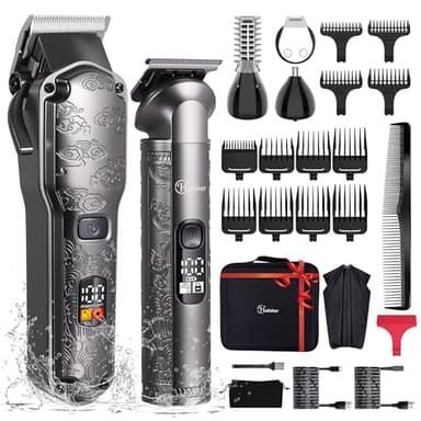 Hatteker Tondeuse à cheveux professionnelle pour homme - Ensemble de tondeuse à barbe étanche à lame en T - Kit de toilettage sans fil - Kit de toilettage pour le nez et le corps