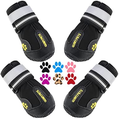 QUMY Ensemble de 4 bottes imperméables pour chien avec bandes réfléchissantes et semelle antidérapante robuste (noir, taille 5 : 6,1 x 7,1 cm (l x L) (lot de 4))