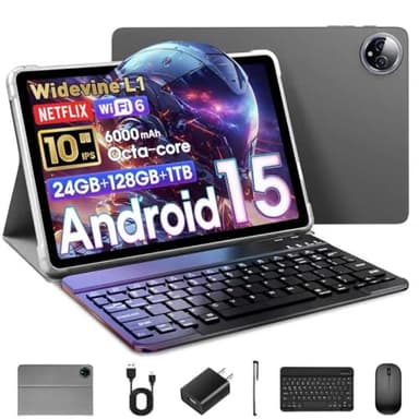 Tablette Android 15 de 10" avec clavier, 24 Go de RAM + 128 Go de ROM (1 To d'extension), T615 Octa-Core, écran tactile IPS HD 1280 x 800, 5 MP+8 MP, double caméra, 6000 mAh, souris, Widevine L1, GPS
