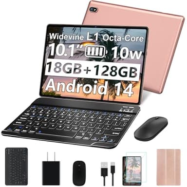 Tablette Android 14 2025 avec 128 Go de ROM + 18 Go de RAM (4+14 virtuels), 1 To Expand 2 en 1 Tablette 10.1 avec clavier, Octa-Core puissant, WiFi 6, BT5.0, 6000 mAh, Widevine L1, Or