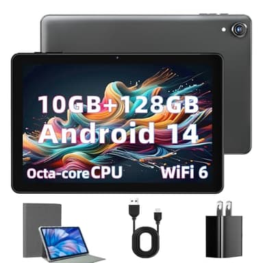 Tablette 10", Android 14, 10 Go de RAM + 128 Go de ROM (extension de 1 To), Octa Core, batterie 6000 mAh, écran tactile IPS 1280 x 800, double caméra HD 5 MP + 8 MP, Bluetooth et WiFi