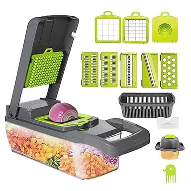 Hachoir à légumes multifonction 13 en 1 pour aliments, légumes, oignons, pommes de terre, fruits, avec récipient, 8 lames interchangeables, protection des mains, filtre de drainage, brosse de