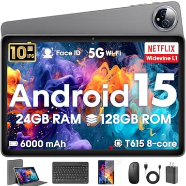 Tablette Android 15 10", 24 Go de RAM 128 ROM, tablettes avec étui clavier, souris et stylet, extensible de 1 To, Octa-Core 6000 mAh, 1280 x 800 IPS HD, Wi-Fi 5G, processeur T615, haute performance