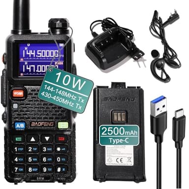 BAOFENG Radio 5RM 10W Jambon Radio portable longue portée 144-148, 430-450 MHz Radio bidirectionnelle NOAA récepteur talkie-walkie rechargeable, fréquence de copie 999CH avec batterie de 2500 mAh et