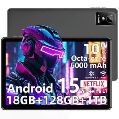 Tablette 10" Android 15, 18 Go de RAM, 128 Go de ROM, 1 To d'extension, processeur Octa-Core, écran tactile LCD 1280 x 800, WiFi 6, double caméra, BT5.4, batterie 6000 mAh, GPS