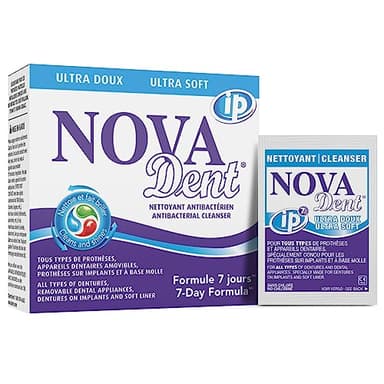 Novadent Nettoyant pour prothèses dentaires - Pour prothèses dentaires sur implants, revêtement souple et appareil orthodontique sans soudure (3 mois - 12 sachets)