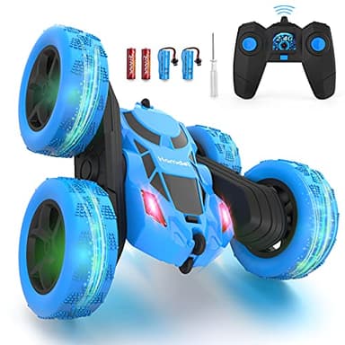 Voiture télécommandée double face rotative à 360° 4WD RC avec phares 2,4 GHz électrique de course jouet voiture rechargeable pour garçons filles anniversaire (bleu)