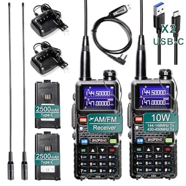 BAOFENG Ham Radio portable 5RM 10 W 144-148 MHz 430-450 MHz 2 voies radio aviation bande NOAA récepteur talkie-walkie avec batterie 2500 mAh, câble de type C, antenne à gain élevé et un câble de