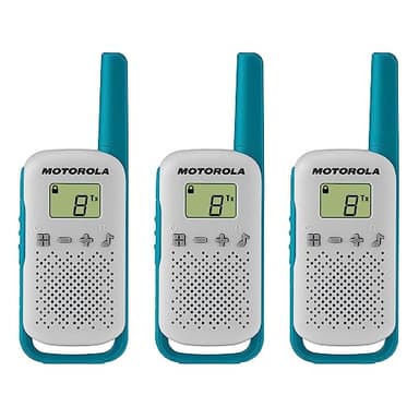 Motorola Solutions T114TP Talkabout Lot de 3 radios bidirectionnelles portables FRS avec 22 canaux, portée jusqu'à 26 km, fonctionne avec piles, blanc/bleu