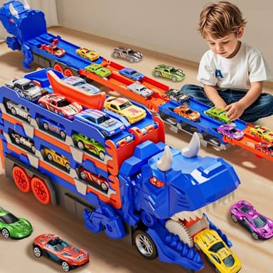 Ensemble de piste de jouets de voiture avec camion de transport dinosaure avec 12 jouets en forme de voitures moulées sous pression, se transforme en dinosaure, jouets de voiture pour tout-petits