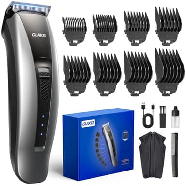 GLAKER Tondeuse à cheveux professionnelle sans fil pour homme, lame en céramique, tondeuse pour coupe de cheveux, tondeuse à barbe, kit de toilettage domestique, barbier, rechargeable par USB C