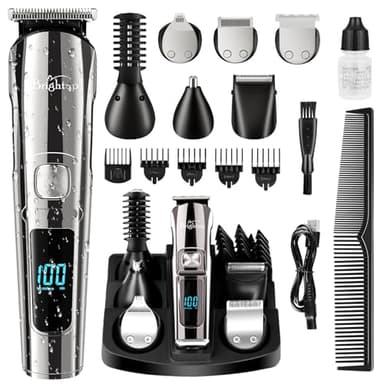 Brightup Tondeuse à barbe pour homme, tondeuse à cheveux et tondeuse à cheveux, étanchéité IPX7, rasoir électrique, rasoir tout en 1, cadeau pour homme, rechargeable par USB et écran LCD