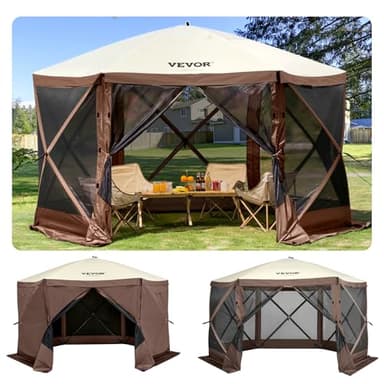 VEVOR – Tente de camping à moustiquaire escamotable, 3,6 x 3,6 m, 6 côtés, pour 8 personnes, abri étanche IPX3, avec sac de rangement portable, piquets de sol, fenêtres en maille, marron et beige