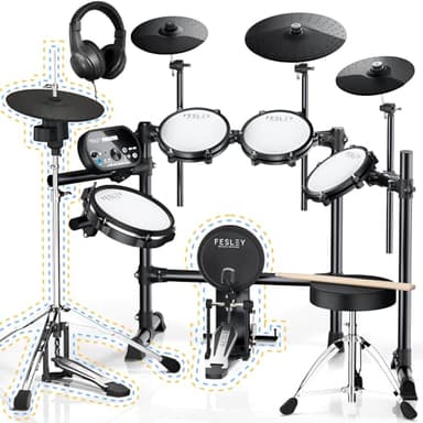 Fesley Ensemble de batterie électrique électronique avec 4 coussinets de batterie en maille silencieuse, hiHat et Kick Drum indépendants pour adulte, 3 cymbales avec starter de serrage, 225 sons, MIDI
