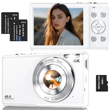 Appareil photo numérique, point et prise de vue autofocus 4K avec carte de 32 Go, appareil photo compact portable 48 MP pour adolescents, adultes, débutants avec zoom 16x, anti-tremblement, 2 piles
