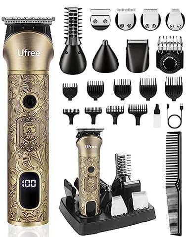 Ufree Tondeuse à barbe pour homme, rasoir électrique, tondeuse à cheveux sans fil, kit de rasage pour moustache, corps, nez, oreille, poils du visage, kit de toilettage de barbe réglable, cadeau