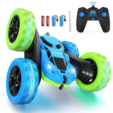 Voiture télécommandée double face rotative à 360 ° 4WD RC voitures avec phares 2,4 GHz électrique de course jouet voiture rechargeable pour garçons filles anniversaire bleu et vert