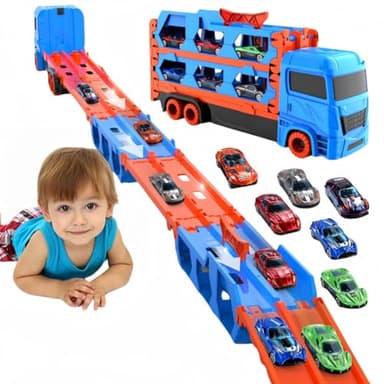Bearbao Jouets pour tout-petits garçons de 2, 3, 4, 5, 6 ans, piste de course de 165,6 cm pour garçons et enfants, camion de transport moulé sous pression, jouets de voiture pour tout-petits garçons