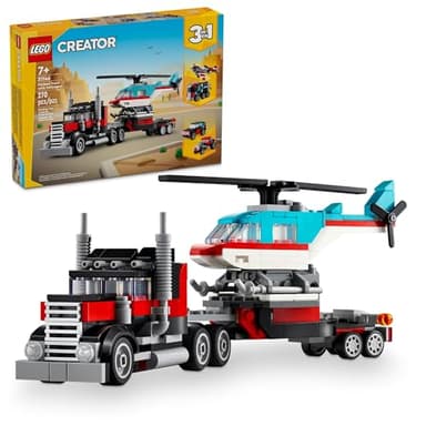 LEGO Creator 31146 Camion à plateau 3 en 1 avec jouet hélicoptère, se transforme de camion à plateau en avion à hélice en Hot Rod et jouets de voiture SUV, idée cadeau pour garçons et filles âgés de 7