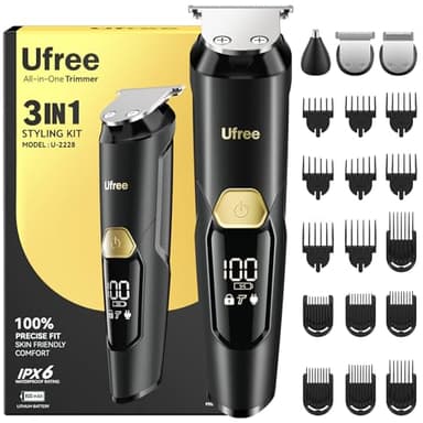 Ufree Kit de tondeuse à barbe 3 en 1 pour homme, rasoir électrique pour moustache, corps, nez, poils du visage, tondeuse à cheveux professionnelle, tondeuse rechargeable, étanche à l'eau, cadeau