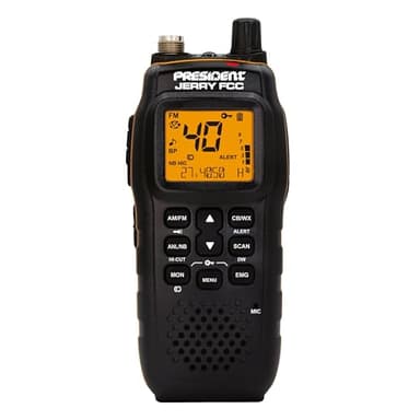 President Jerry FCC Radio CB portable avec 40 canaux AM/FM, écran LCD multifonction, réglage du volume et marche/arrêt, canal météo/alerte, balayage, squelch manuel et automatique, compteur numérique