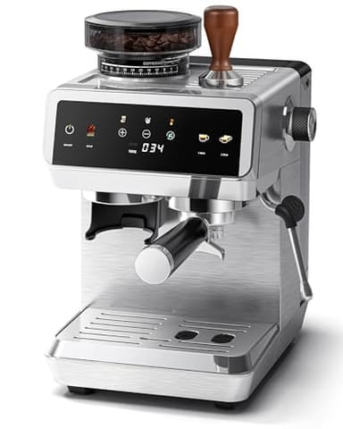 AMZCHEF Machine à expresso semi-automatique de 20 bars avec moulin à café intégré | 44 réglages de mouture et 4 températures pour infusion chaude et froide | Mousseur à lait de 8 mm pour latte