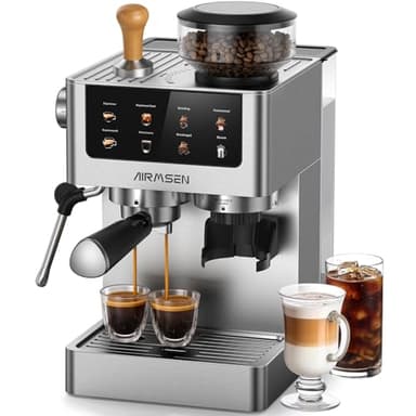 AIRMSEN Machines à expresso avec broyeur à bavures, 20 bars, mousseur à lait et baguette à vapeur, machine à café en acier inoxydable pour la maison – Cappuccino, latte et café glacé et Americano