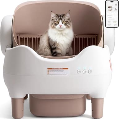 KITPLUS Litière autonettoyante, boîte à litière automatique pour chat avec contrôle par application, élimination des déchets sans odeur, comprend des sacs poubelles, grande poubelle, couvercle ouvert