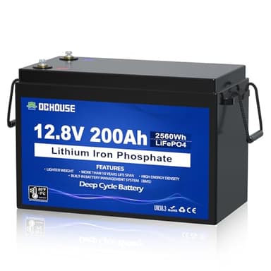 DC HOUSE Batterie au lithium LiFePO4 12V 200Ah à cycle profond, coupure basse température, avec 2560Wh d'énergie max. BMS intégré 200A pour VR, solaire, stockage d'énergie domestique, moteur de pêche