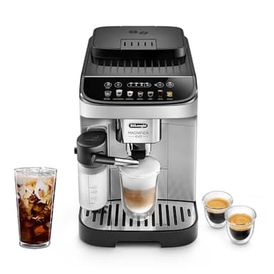De’Longhi Magnifica Evo avec système LatteCrema, machine entièrement automatique, des grain à la tasse expresso, cappuccino et cafetière glacée, écran tactile coloré, noir, argenté