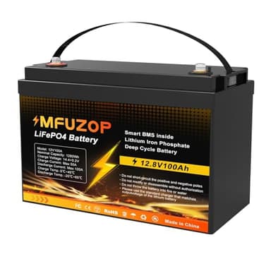 MFUZOP Batterie LiFePO4 12V 100Ah avec BMS intelligent de 100A, batterie marine à cycle profond 12V, énergie max 1280Wh, groupe 31 pour VR, fourgonnettes, autocars, remorques et bateaux