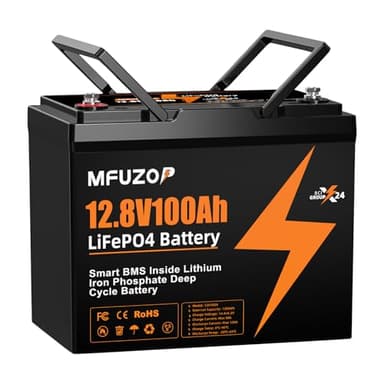 MFUZOP Batterie au lithium 12V 100Ah LiFePO4 avec BMS intelligent de 100A, batterie marine à décharge profonde 12V, énergie max 1280Wh, groupe 24 pour VR, fourgonnettes, remorques, autocars et bateaux