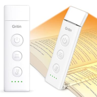 Gritin Lampe de lecture rechargeable, lampe de lecture à clipser, 3 modes de protection des yeux (mixte/blanc/ambre), 5 luminosités et gradation continue, longue durée de vie, lampe de lecture